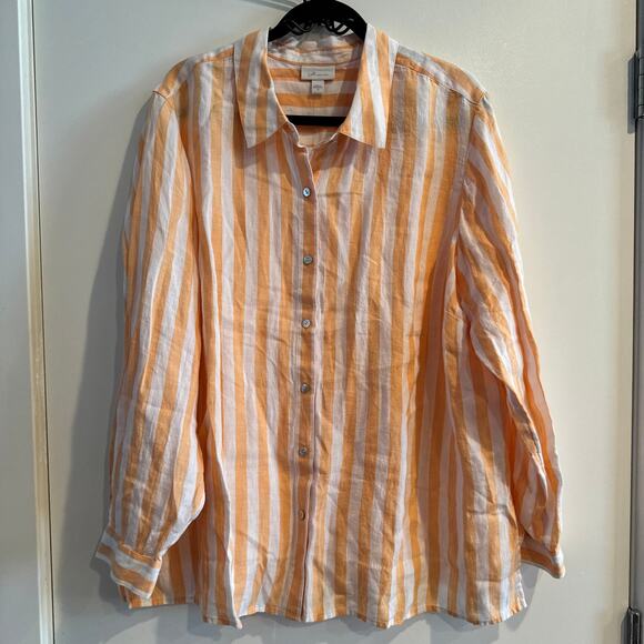 New J. Jill Linen Button Front Shirt Apricot White Striped Long Sleeve Sz 2X